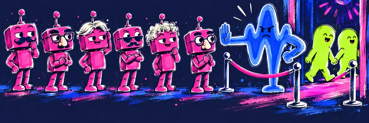 Pink robots in disguises wait in line while a blue sound-wave bouncer lets two lime blobs into the club